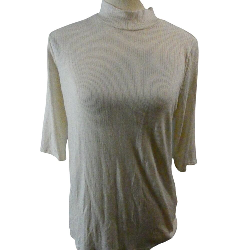 CYRUS Essentials Large Ivory Ribbed Stretchy Blouse Mock Neck 3/4 Sleeves NWT